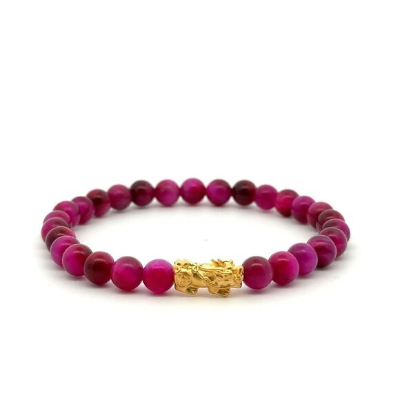 24K Gold Dragon Pixiu Bracelet Gemstones Pink Tiger's Eye 5-6mm Size 7 - Picture 1 of 8